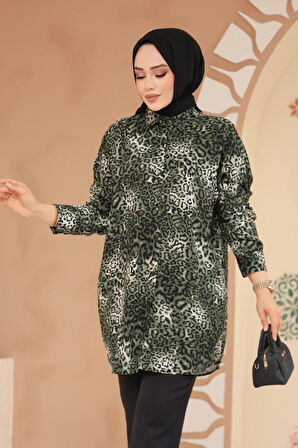 Leopar Desenli Haki Tesettür Tunik 20418HK