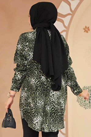 Leopar Desenli Haki Tesettür Tunik 20418HK