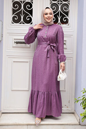 Taş Detaylı Gül Kurusu Tesettür Jakar Elbise 23891GK