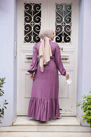 Taş Detaylı Gül Kurusu Tesettür Jakar Elbise 23891GK