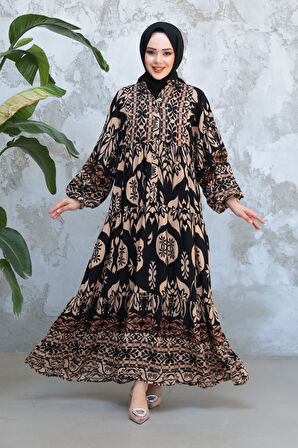 Desenli Siyah Tesettür Elbise 30025S