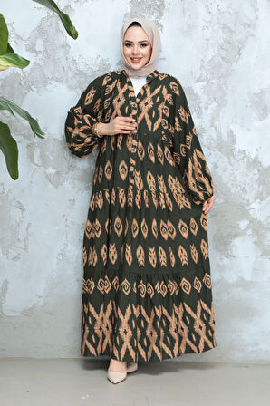 Desenli Haki Tesettür Elbise 30052HK