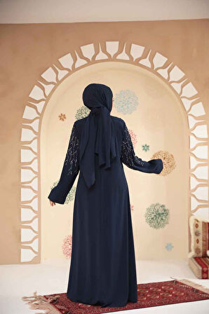 Boncuk İşlemeli Açık Lacivert Tesettür Abaya 29110AL