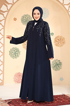 Boncuk İşlemeli Açık Lacivert Tesettür Abaya 29110AL
