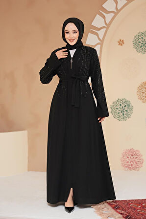 Boncuk İşlemeli Siyah Siyah Tesettür Abaya 29111SS