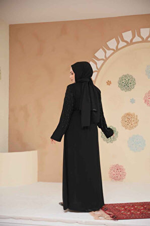 Boncuk İşlemeli Siyah Siyah Tesettür Abaya 29111SS