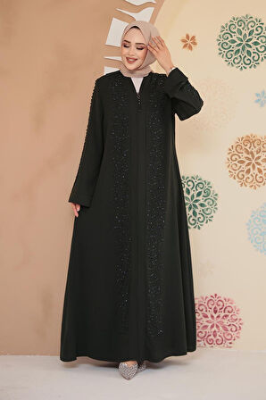 Boncuk İşlemeli Haki Tesettür Ferace 29127HK