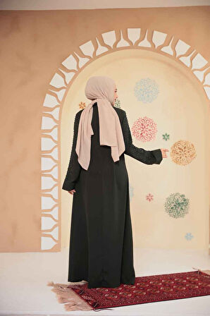 Boncuk İşlemeli Haki Tesettür Ferace 29127HK