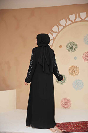 Boncuk İşlemeli Gümüş Tesettür Ferace 29127GMS