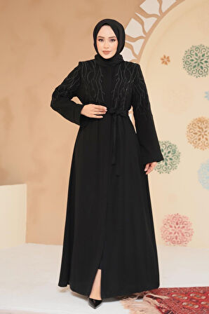 Boncuk Detaylı Lacivert Tesettür Abaya 29129S