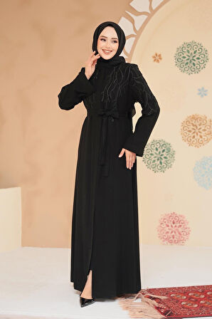 Boncuk Detaylı Lacivert Tesettür Abaya 29129S