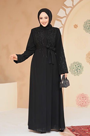 Boncuk İşlemeli Siyah Tesettür Abaya 29130S