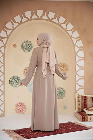 Boncuk İşlemeli Bej Tesettür Abaya 29130BEJ