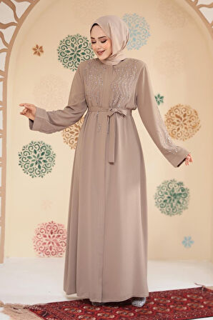 Boncuk İşlemeli Bej Tesettür Abaya 29130BEJ