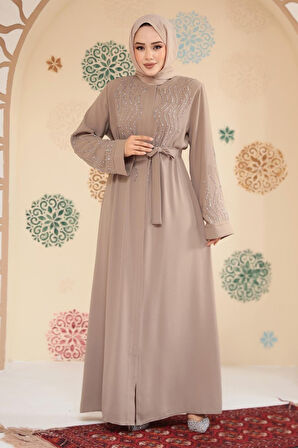 Boncuk İşlemeli Bej Tesettür Abaya 29130BEJ