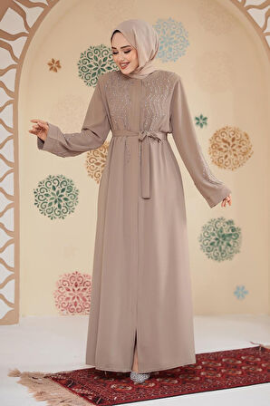 Boncuk İşlemeli Bej Tesettür Abaya 29130BEJ