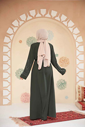 Boncuk İşlemeli Haki Tesettür Abaya 29130HK