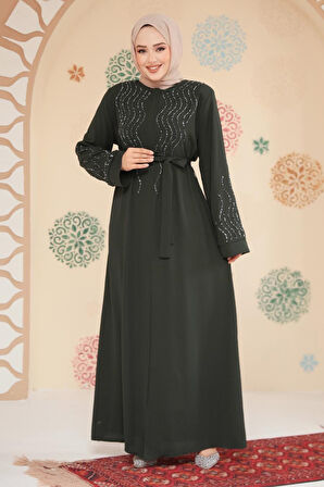 Boncuk İşlemeli Haki Tesettür Abaya 29130HK
