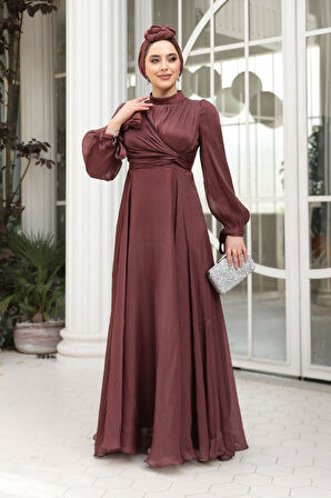 Drape Detaylı Kahverengi Tesettür Abiye Elbise 4823KH