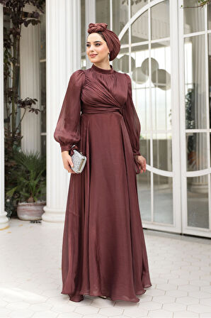 Drape Detaylı Kahverengi Tesettür Abiye Elbise 4823KH