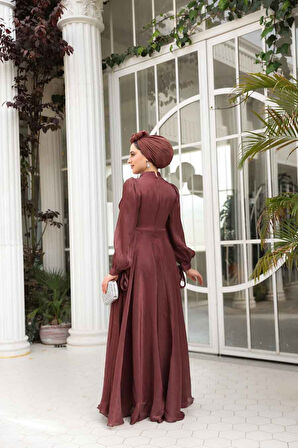 Drape Detaylı Kahverengi Tesettür Abiye Elbise 4823KH