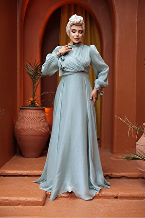 Drape Detaylı Mint Tesettür Abiye Elbise 4823MINT