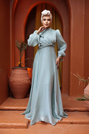 Drape Detaylı Mint Tesettür Abiye Elbise 4823MINT