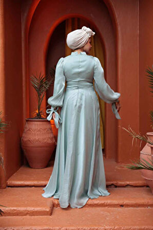 Drape Detaylı Mint Tesettür Abiye Elbise 4823MINT