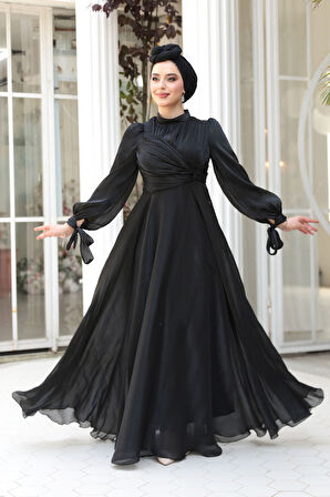 Drape Detaylı Siyah Tesettür Abiye Elbise 4823S