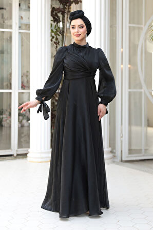 Drape Detaylı Siyah Tesettür Abiye Elbise 4823S