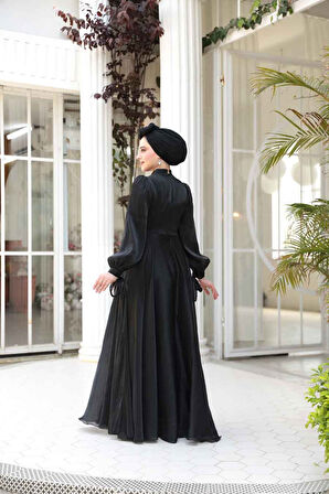 Drape Detaylı Siyah Tesettür Abiye Elbise 4823S