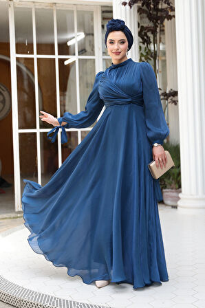 Drape Detaylı Lacivert Tesettür Abiye Elbise 4823L