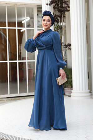 Drape Detaylı Lacivert Tesettür Abiye Elbise 4823L