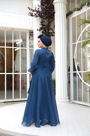 Drape Detaylı Lacivert Tesettür Abiye Elbise 4823L