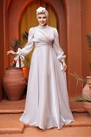 Drape Detaylı Bej Tesettür Abiye Elbise 4823BEJ