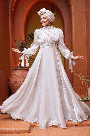 Drape Detaylı Bej Tesettür Abiye Elbise 4823BEJ