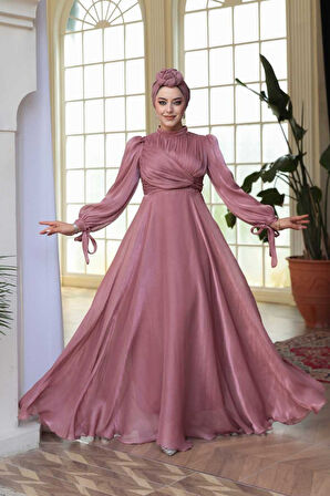 Drape Detaylı Gül Kurusu Tesettür Abiye Elbise 4823GK