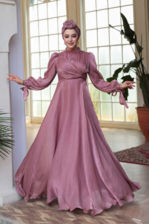 Drape Detaylı Gül Kurusu Tesettür Abiye Elbise 4823GK