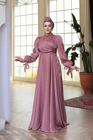 Drape Detaylı Gül Kurusu Tesettür Abiye Elbise 4823GK