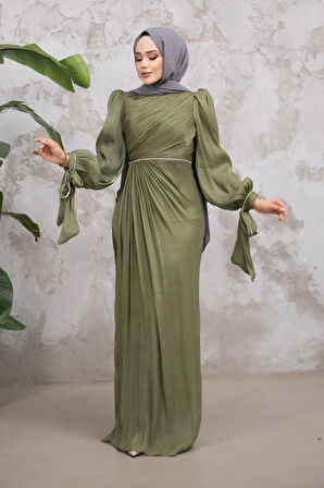 Drape Detaylı Haki Tesettür Abiye Elbise 50193HK