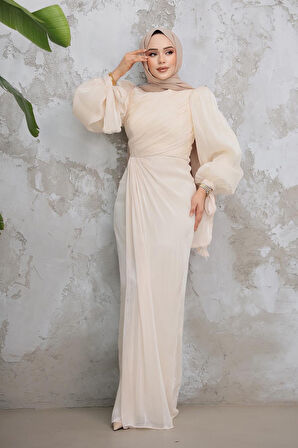 Drape Detaylı Bej Tesettür Abiye Elbise 50193BEJ
