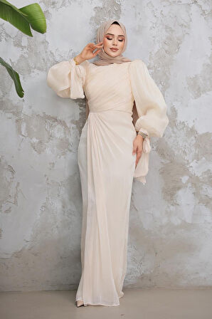 Drape Detaylı Bej Tesettür Abiye Elbise 50193BEJ