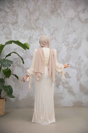 Drape Detaylı Bej Tesettür Abiye Elbise 50193BEJ
