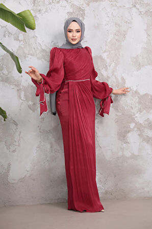 Drape Detaylı Bordo Tesettür Abiye Elbise 50193BR