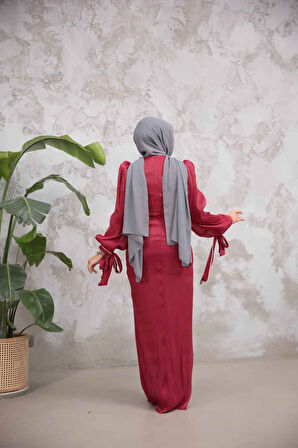 Drape Detaylı Bordo Tesettür Abiye Elbise 50193BR