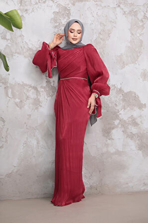 Drape Detaylı Bordo Tesettür Abiye Elbise 50193BR
