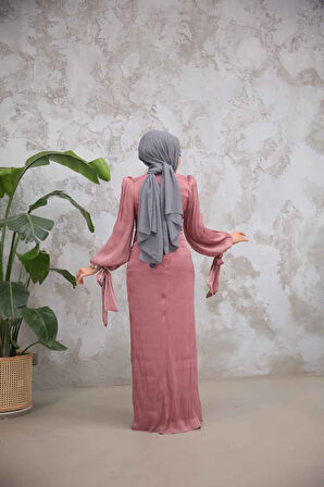 Drape Detaylı Gül Kurusu Tesettür Abiye Elbise 50193GK