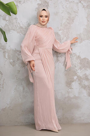 Drape Detaylı Pudra Tesettür Abiye Elbise 50193PD