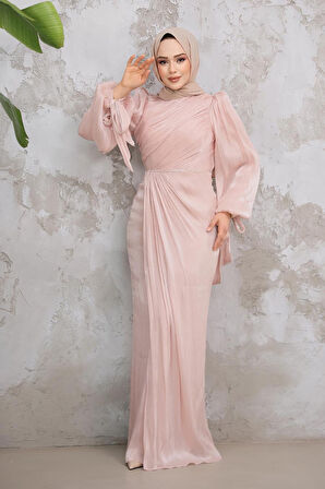 Drape Detaylı Pudra Tesettür Abiye Elbise 50193PD