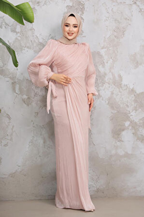 Drape Detaylı Pudra Tesettür Abiye Elbise 50193PD
